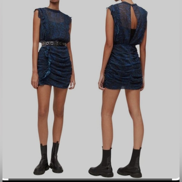 All saints Hali Tamora Snakeskin Print Dress open back ruched sheer - Picture 1 of 6